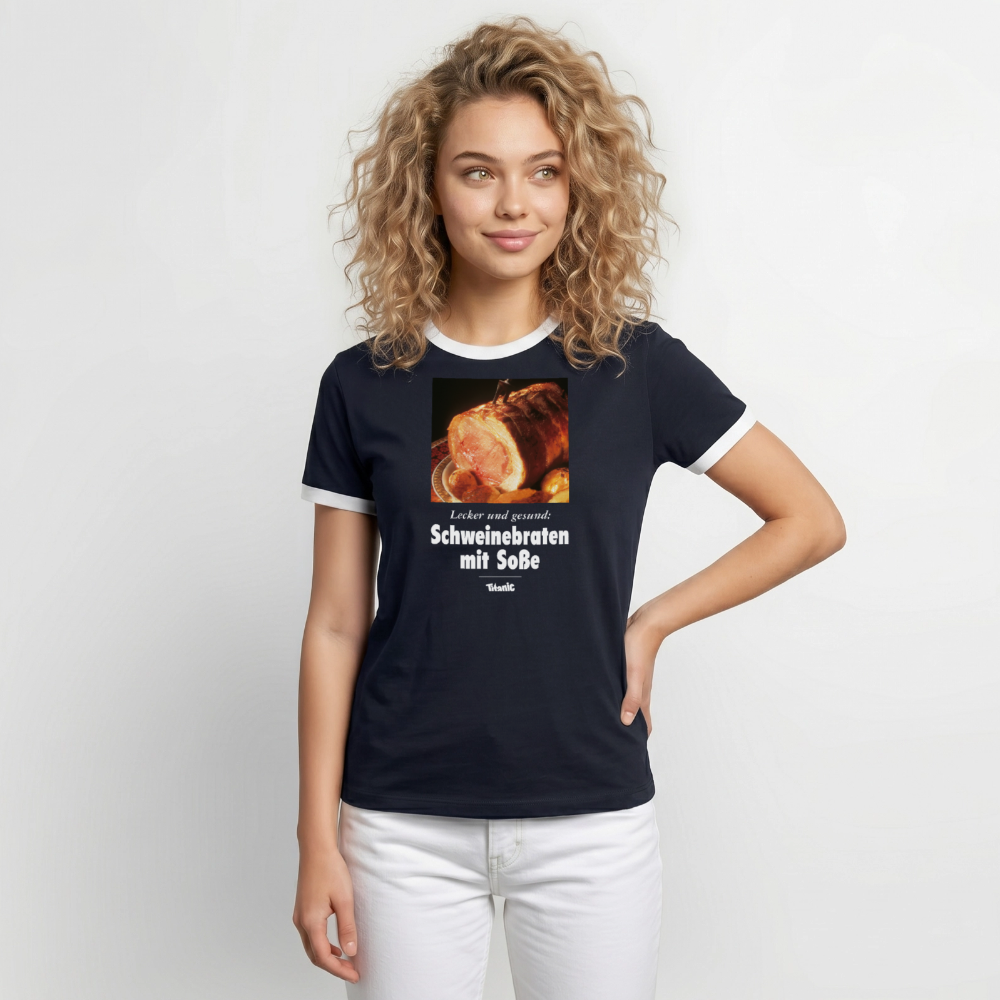 Männer Kontrast-T-Shirt - Schweinebraten mit Soße - Navy/Weiß 