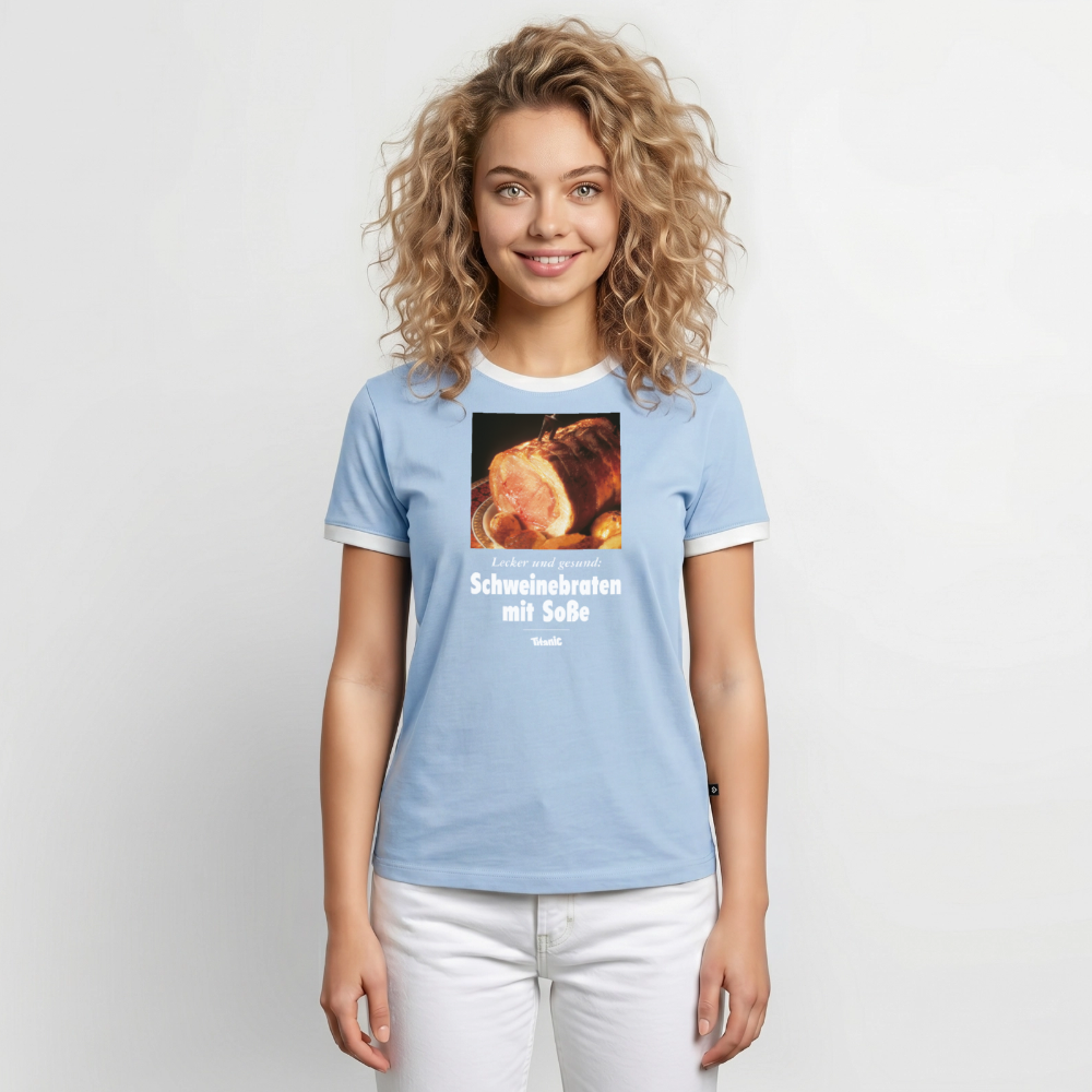Männer Kontrast-T-Shirt - Schweinebraten mit Soße - Hellblau/Weiß 