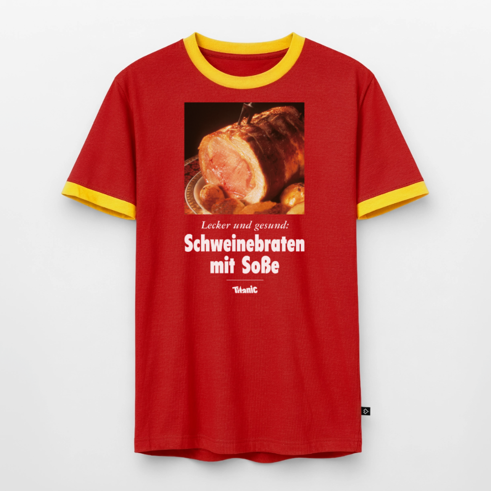 Männer Kontrast-T-Shirt - Schweinebraten mit Soße - Rot/Gelb 