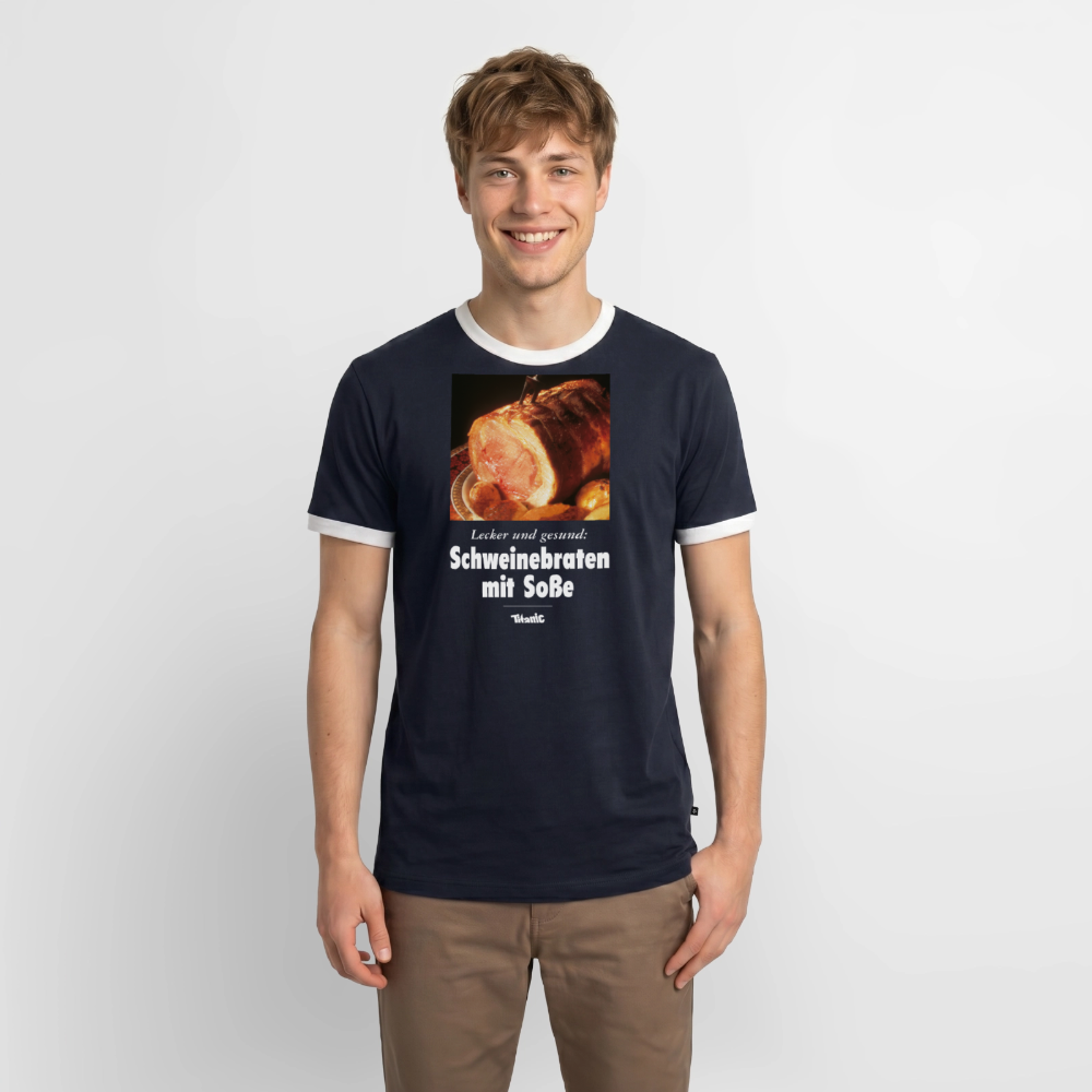 Männer Kontrast-T-Shirt - Schweinebraten mit Soße - Navy/Weiß 