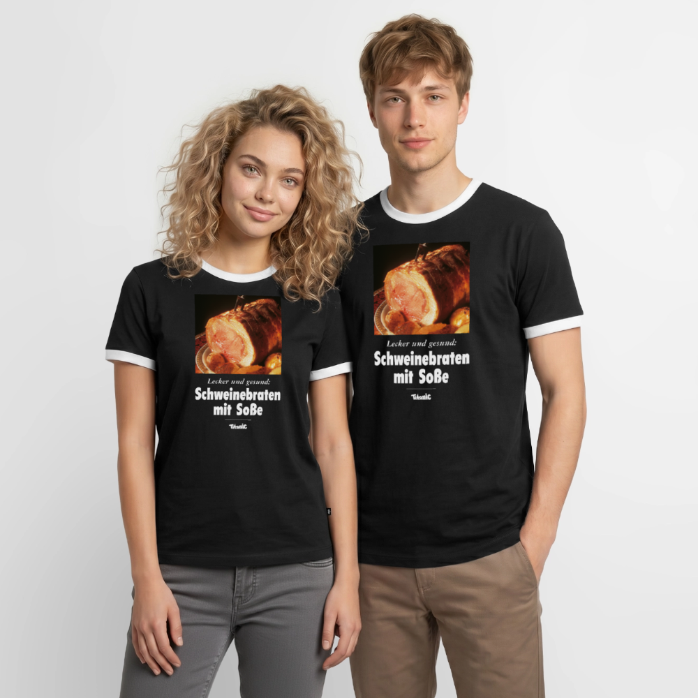 Männer Kontrast-T-Shirt - Schweinebraten mit Soße - Schwarz/Weiß